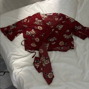 Lush Burgundy Floral Wrap Blouse